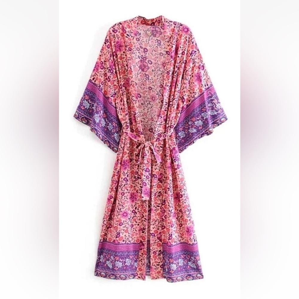 SPELL Style Long Flowy BOHO Cotton Kimono Robe Pink & Purple Floral w/ Belt NWOT